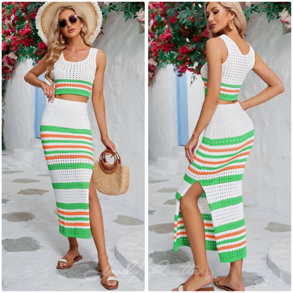 Green Striped Cropped Tank and Split Skirt Set